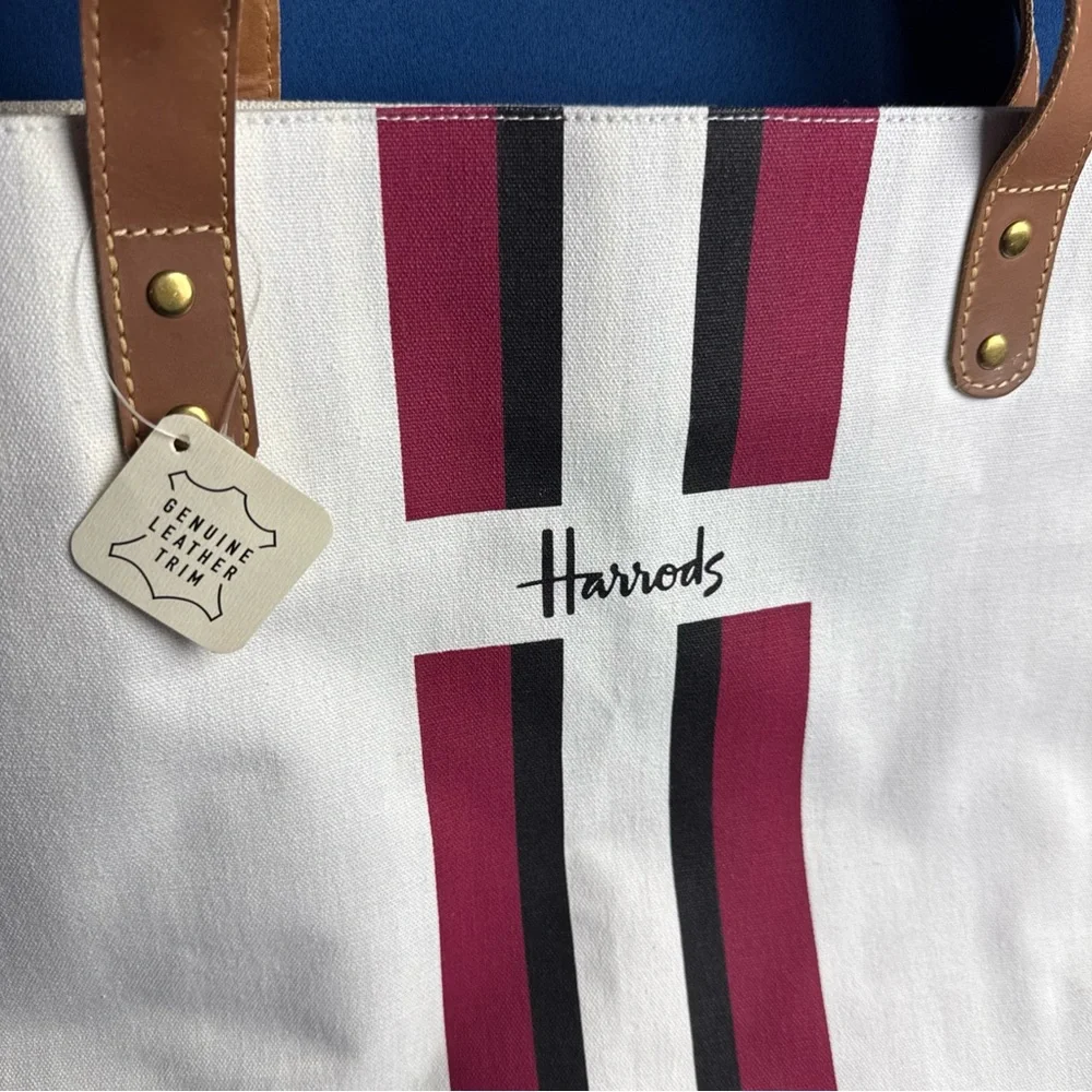 Harrods White Tote with Pink and Black Stripes - Picture 2 of 5
